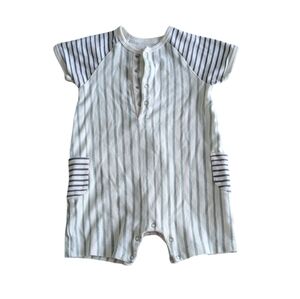 Pehr 6-12 month organic cotton striped shorts romper in stripes away sea/ink